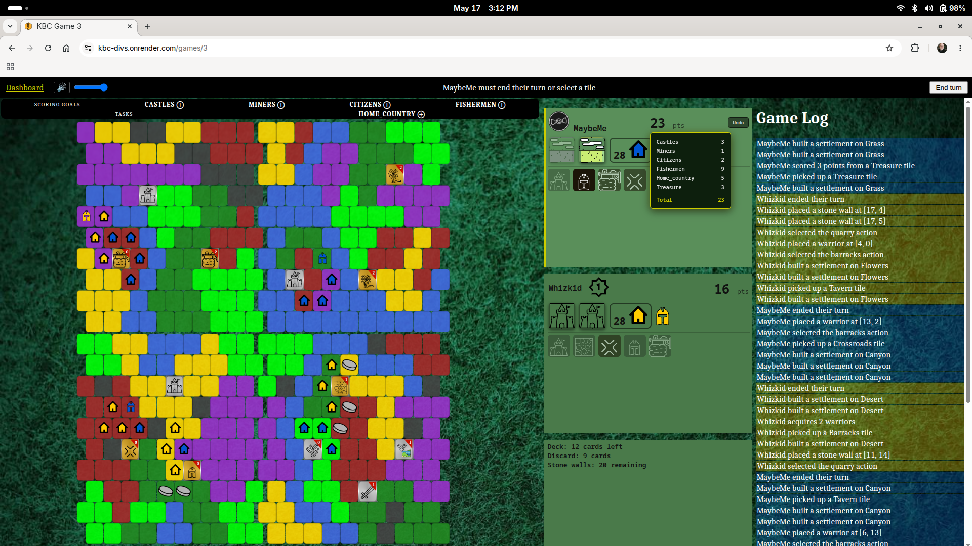Game board mid-play